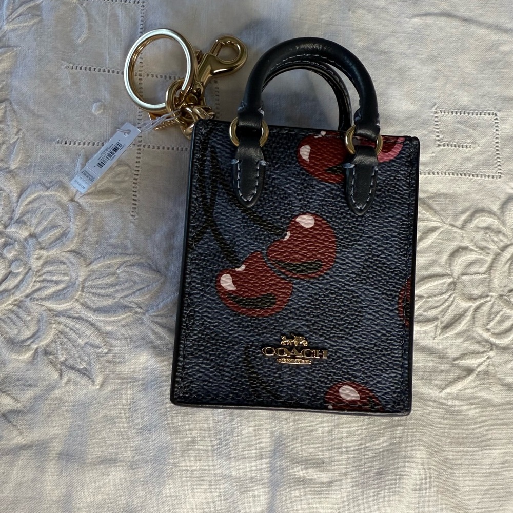 Coach NWT north/south mini tote key fob denim bag charm with cherry print